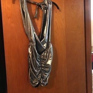Gunmetal metallic ruched halter mini dress